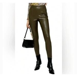 Topshop Piper Faux Leather Leggings Olive Green Size 6 High Waist Stretch
